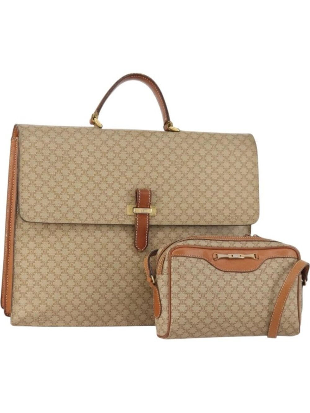 CELINE Macadam Canvas Shoulder Bag PVC Leather 2 Set Beige